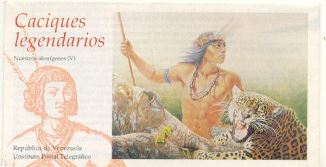 Colección de estampillas Caciques de Venezuela (Circulación 9101998) con la obra de la artista Primi Manteigna